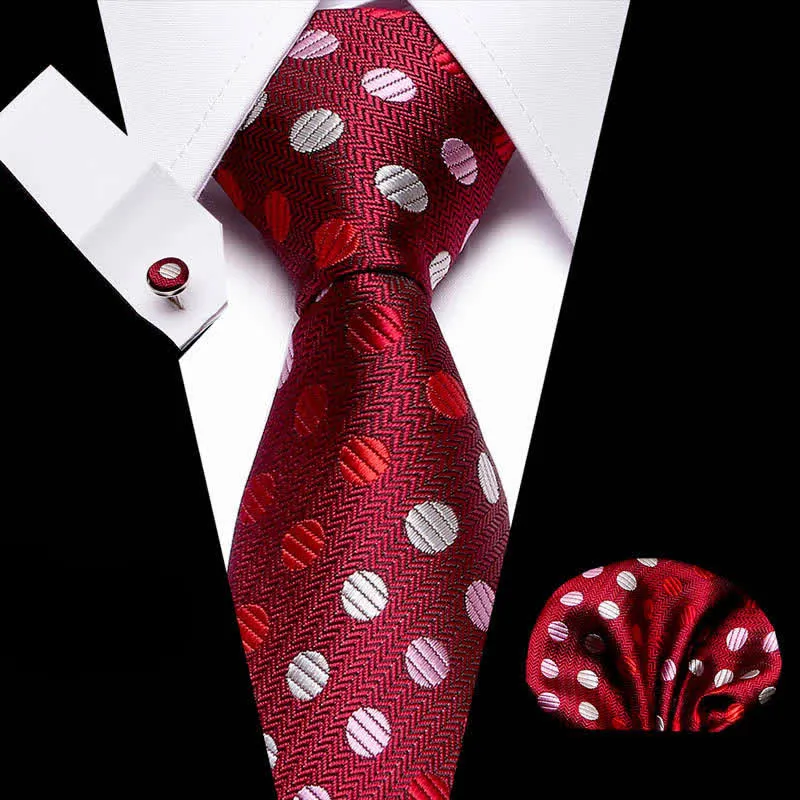 3Pcs Men's Bright Red & White Polka Necktie Set