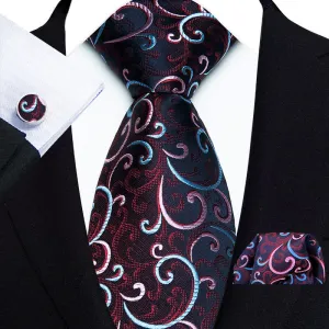 3Pcs Men's Pink & Blue Swirl Vine Necktie Set