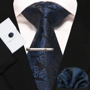 4Pcs Navy & Black Men's Mysterious Paisley Necktie Set