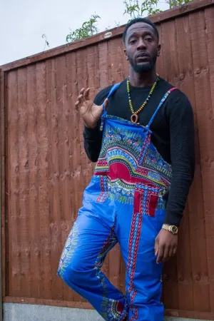 African Dungarees in Blue Dashiki Print - Festival Dungarees