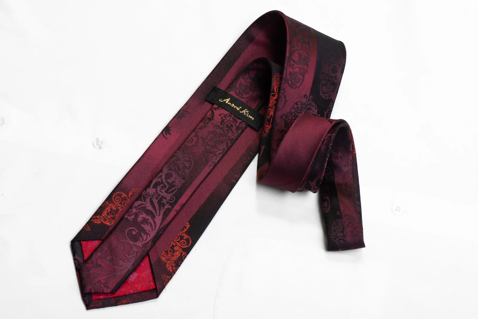 Andre Kim Rhinestone Silk Tie Damask On Burgundy Black