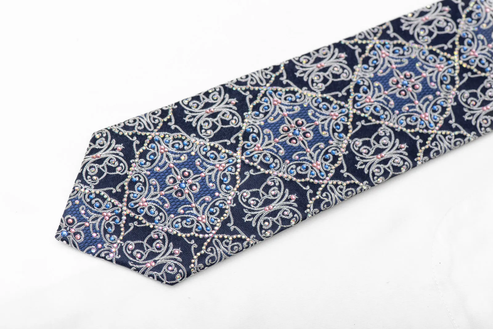 Arabesque On Blue Rhinestone Tie With Silver Sparkles