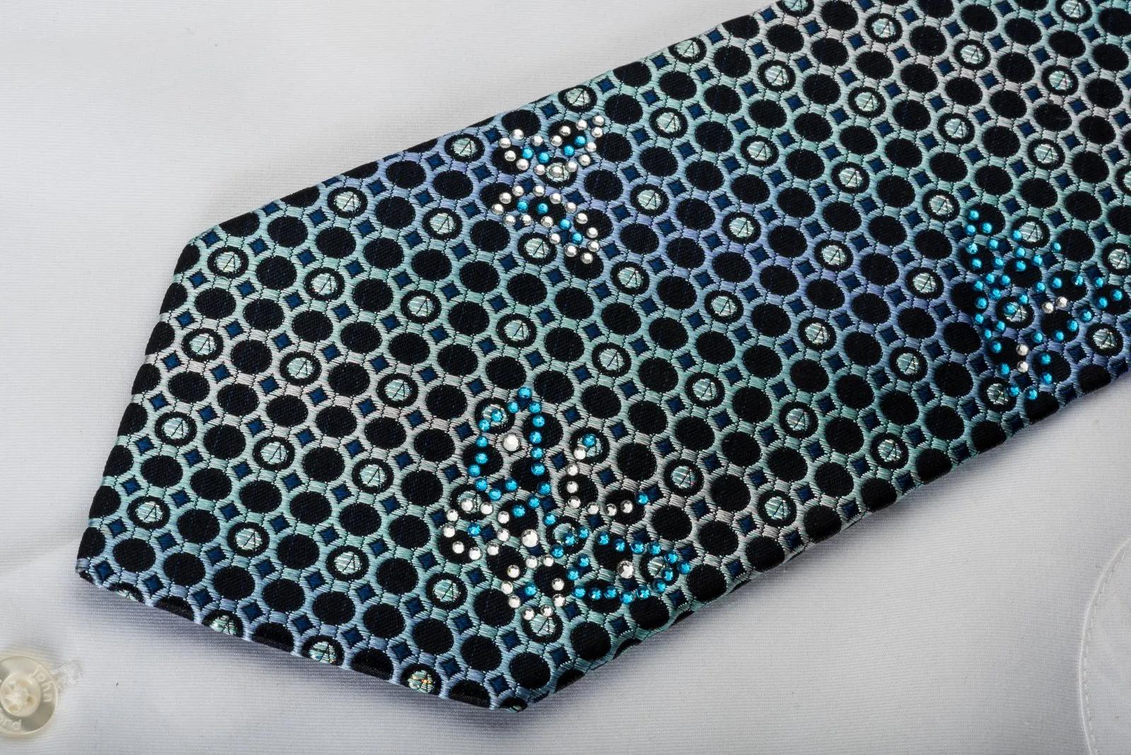 Arnold Palmer Silk Tie Geometric Circles On Blue With Rhinestone Butterflies & Sparkles