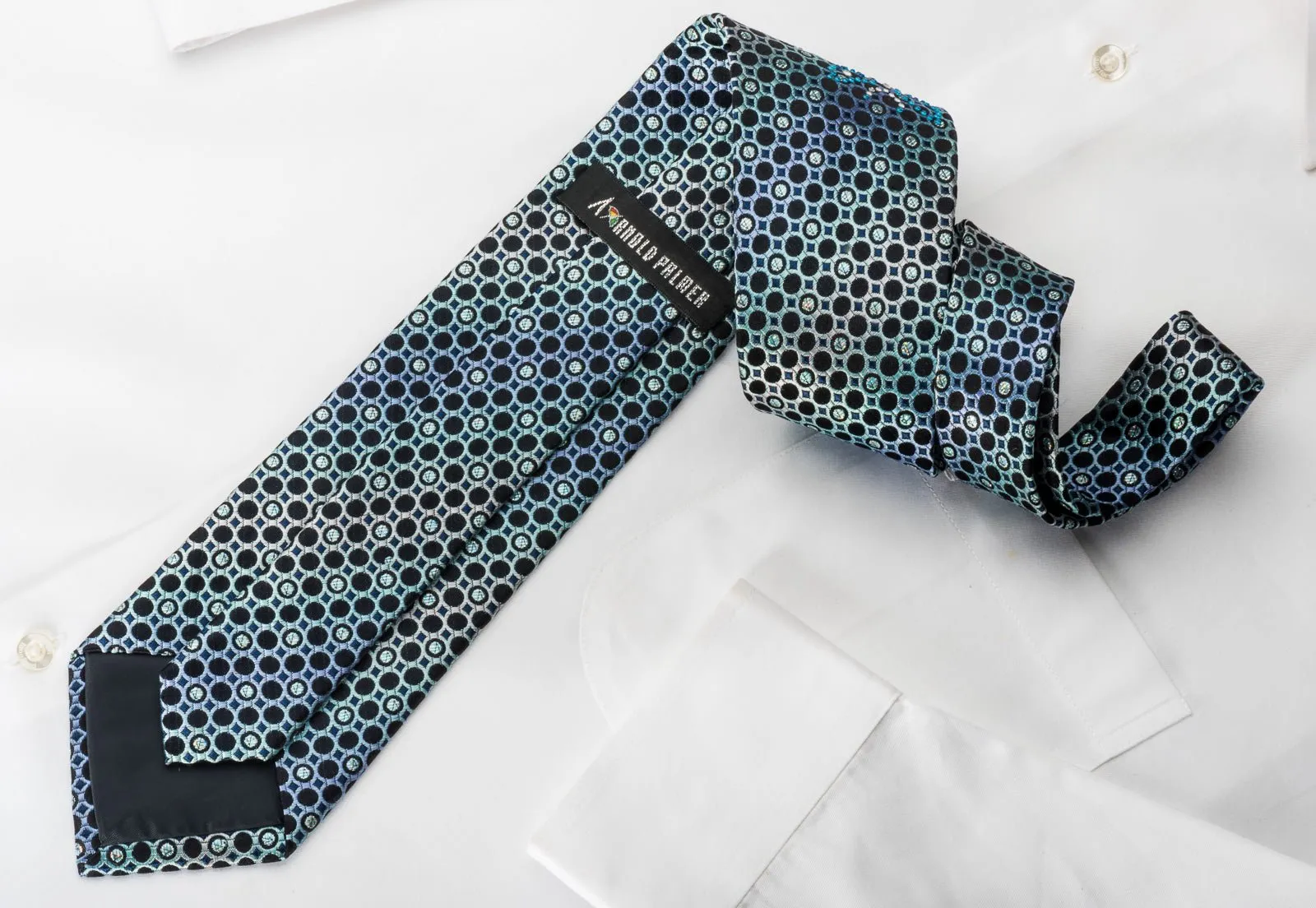 Arnold Palmer Silk Tie Geometric Circles On Blue With Rhinestone Butterflies & Sparkles