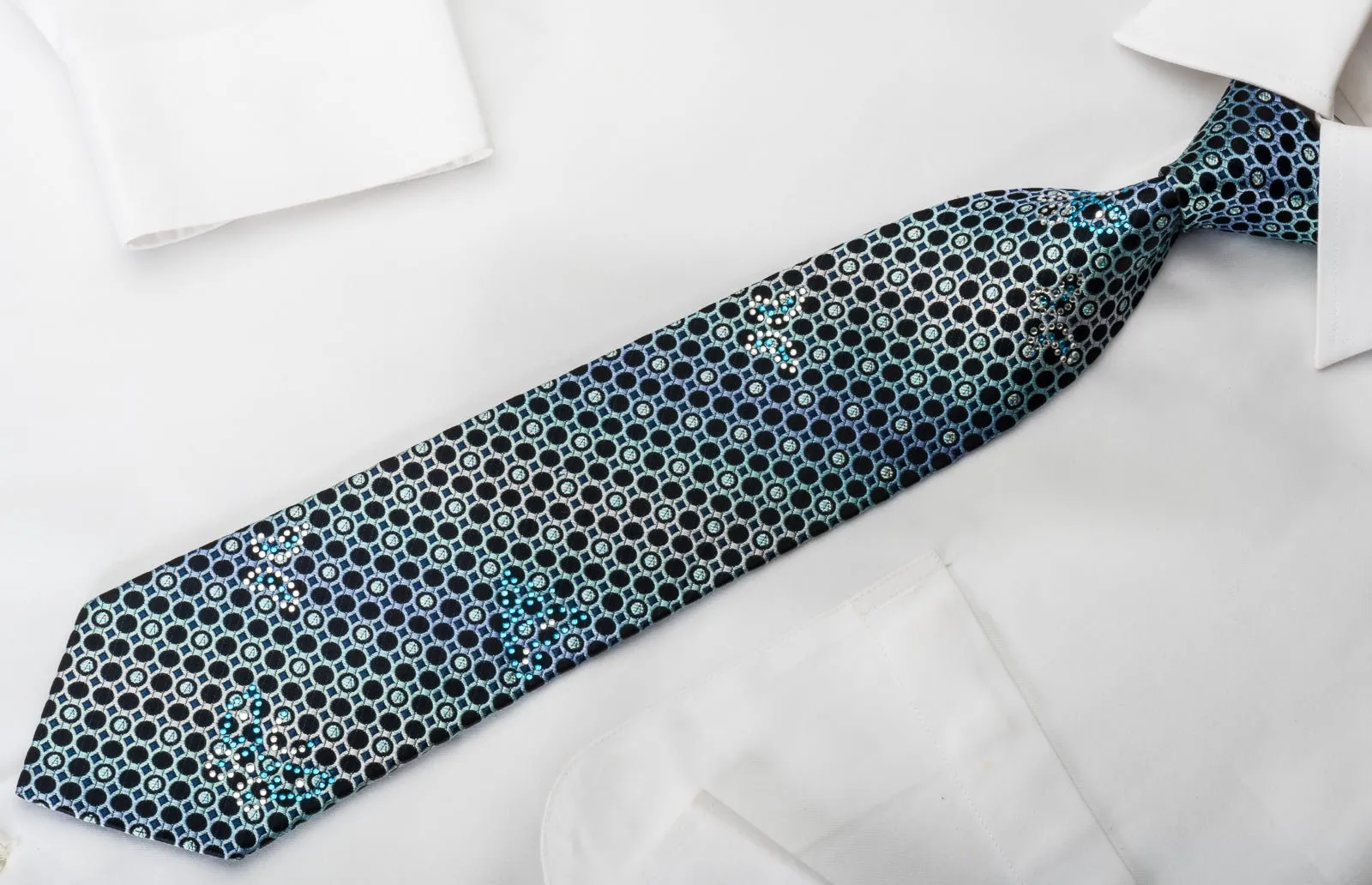 Arnold Palmer Silk Tie Geometric Circles On Blue With Rhinestone Butterflies & Sparkles