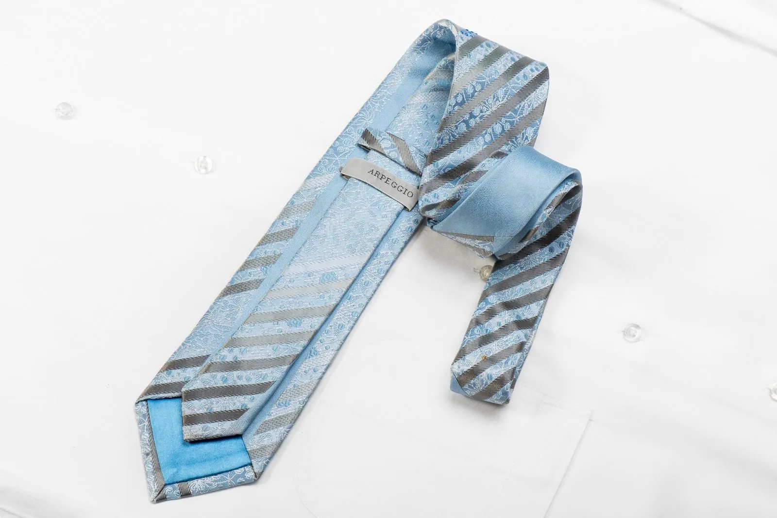 Arpeggio Men's Crystal Silk Necktie Silver Stripes & Floral On Blue With Sparkles