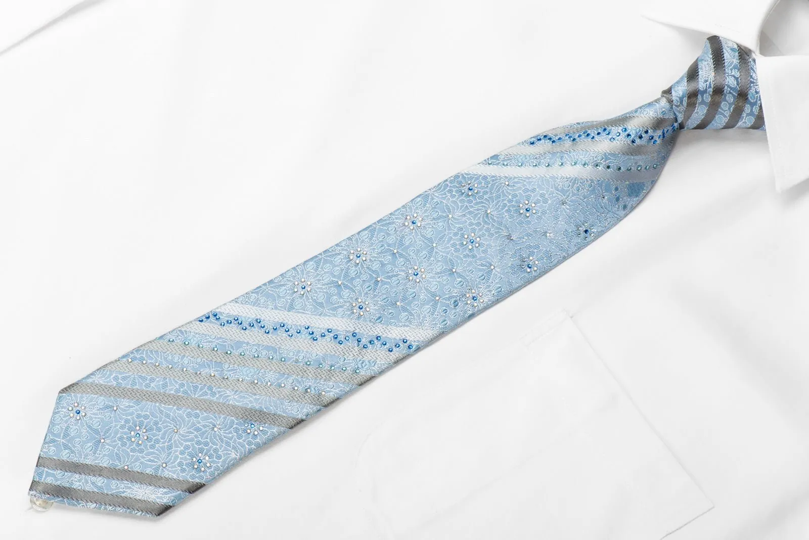 Arpeggio Men's Crystal Silk Necktie Silver Stripes & Floral On Blue With Sparkles