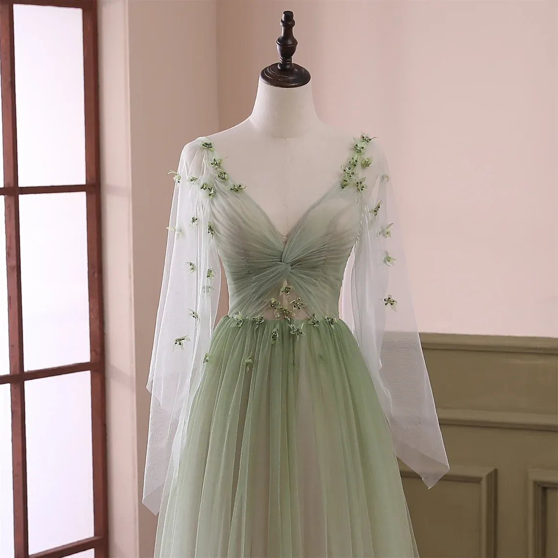 Beautiful Gradient Tulle Green Beaded Long Sleeves Party Dress, Green Formal Dress