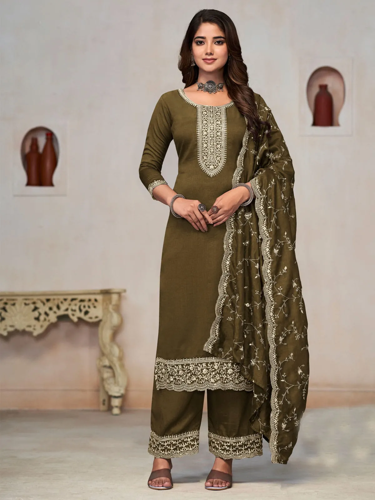 Beautiful Green Vichitra Silk Fancy Salwar Suit