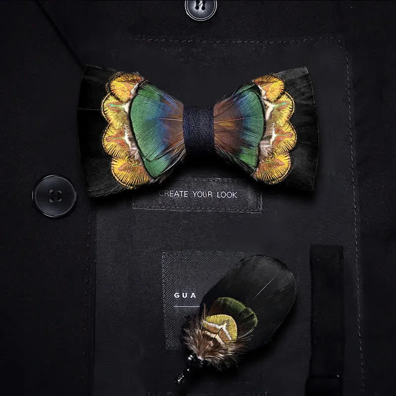 Black & Yellow-green Feather Bow Tie with Lapel Pin