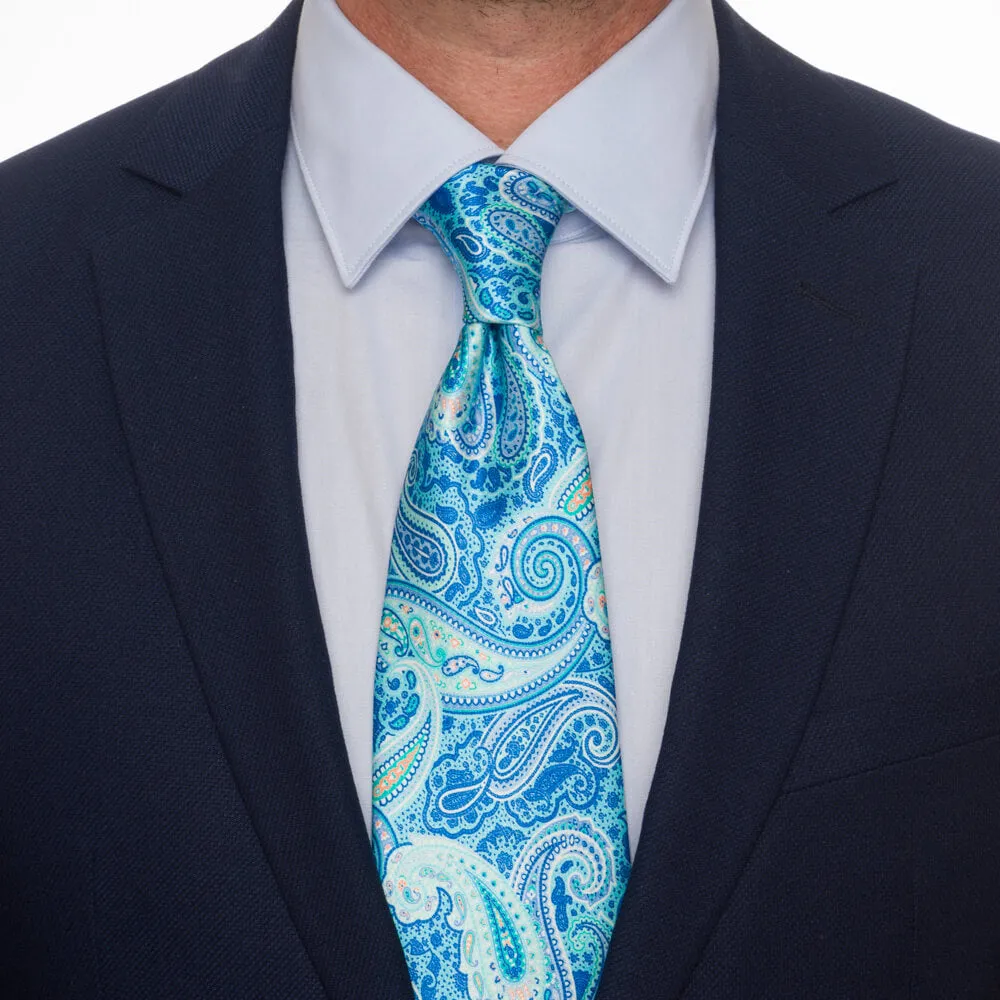 Blue and Aqua Sicilian Paisley Duchesse Silk Tie