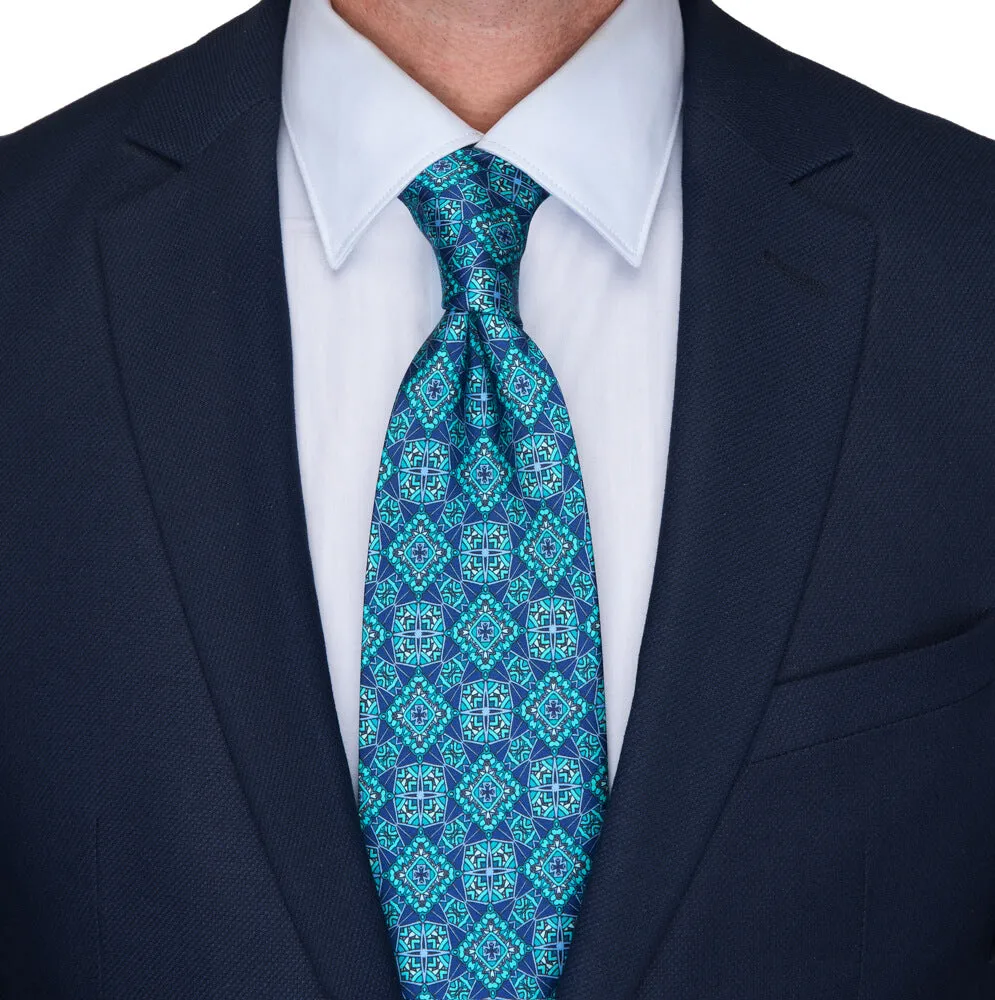 Blue and Teal Medieval Art Duchesse Silk Tie