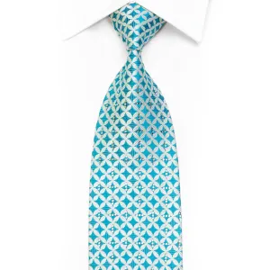 Blue Geometric On White Rhinestone Silk Necktie With Blue Sparkles