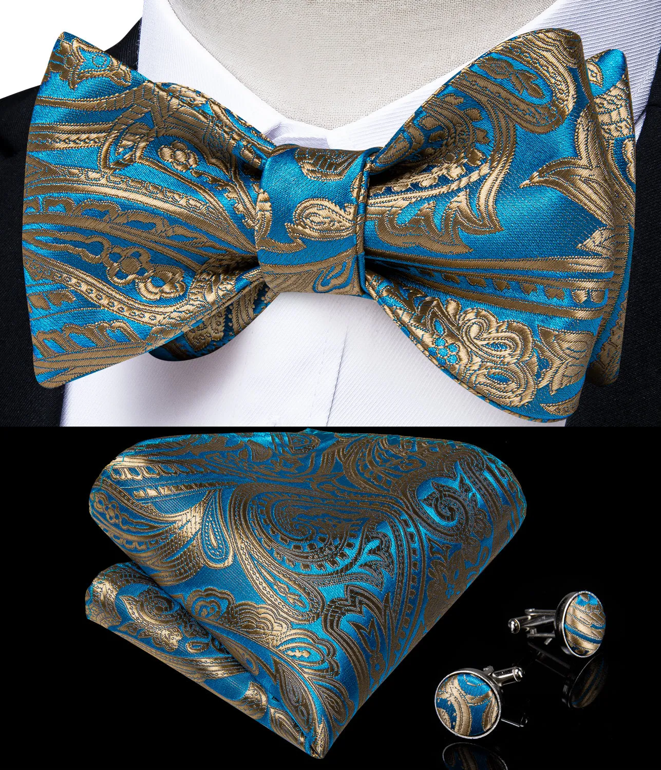 Blue Gold Paisley Self-Bowtie Pocket Square Cufflinks Set