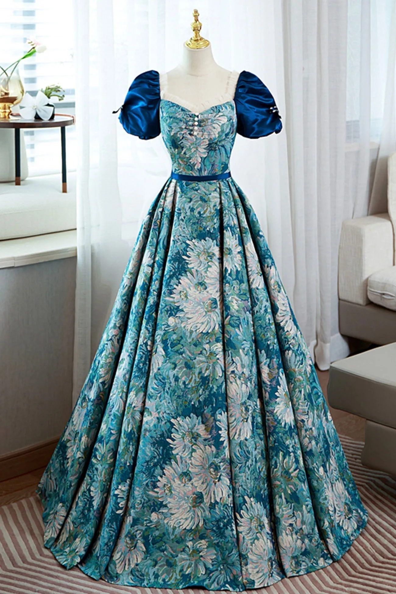 Blue Printed Long A-Line Prom Dress Elegant Short Sleeve Formal Dress