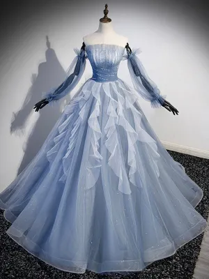 Blue Strapless Tulle Long Prom Dress Chic A-Line Formal Dress with Long Sleeves