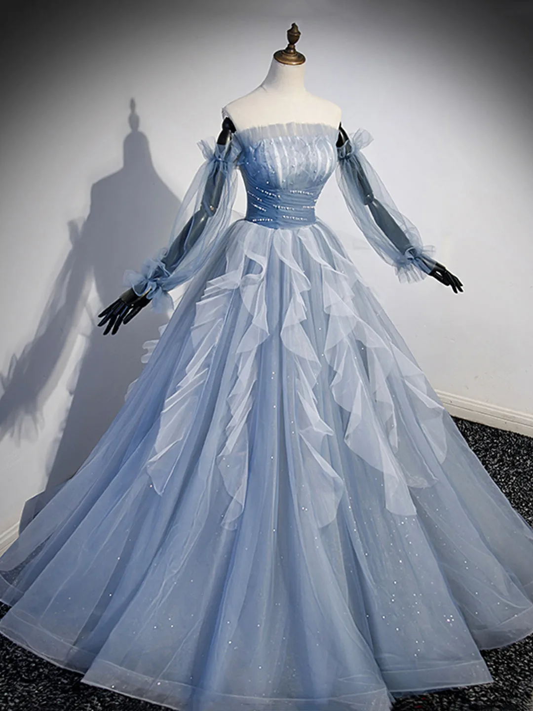 Blue Strapless Tulle Long Prom Dress Chic A-Line Formal Dress with Long Sleeves