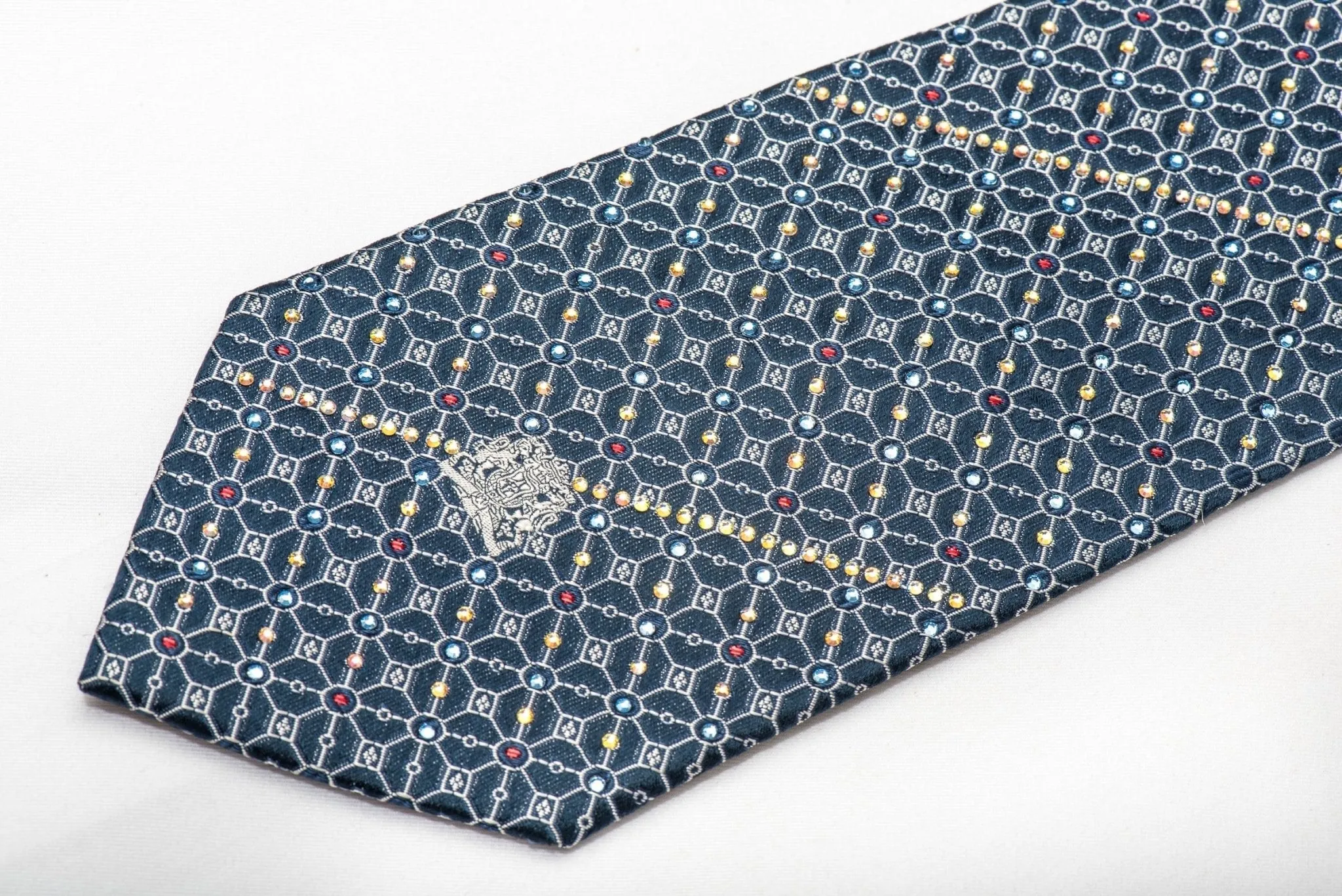 Cabrini Men's Silk Tie Silver Trellis On Blue Sparkling With Rhinestones