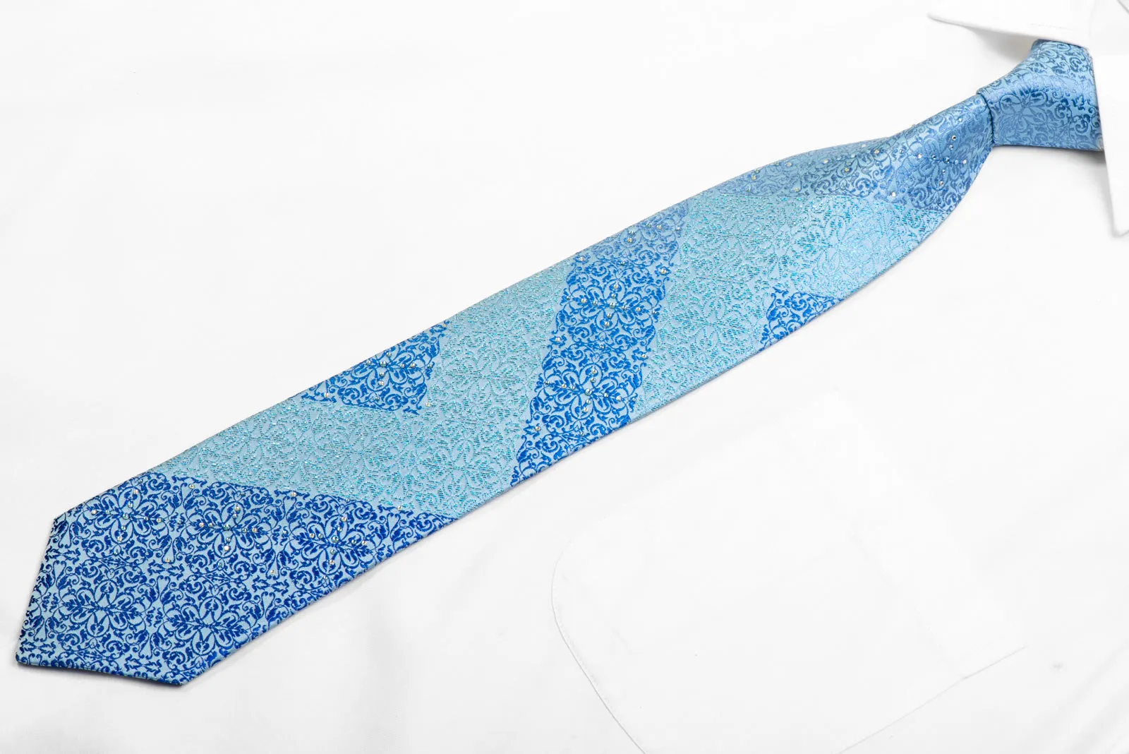 Cartouche On Pale Blue Rhinestone Silk Necktie With Blue Sparkles