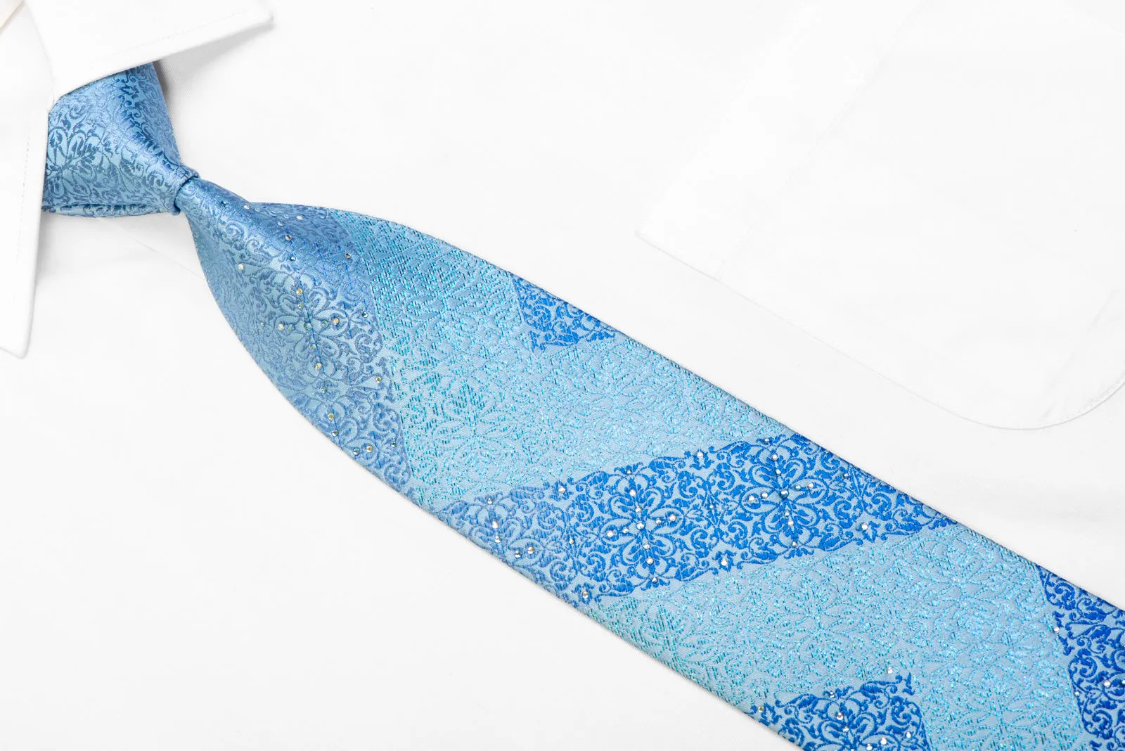 Cartouche On Pale Blue Rhinestone Silk Necktie With Blue Sparkles