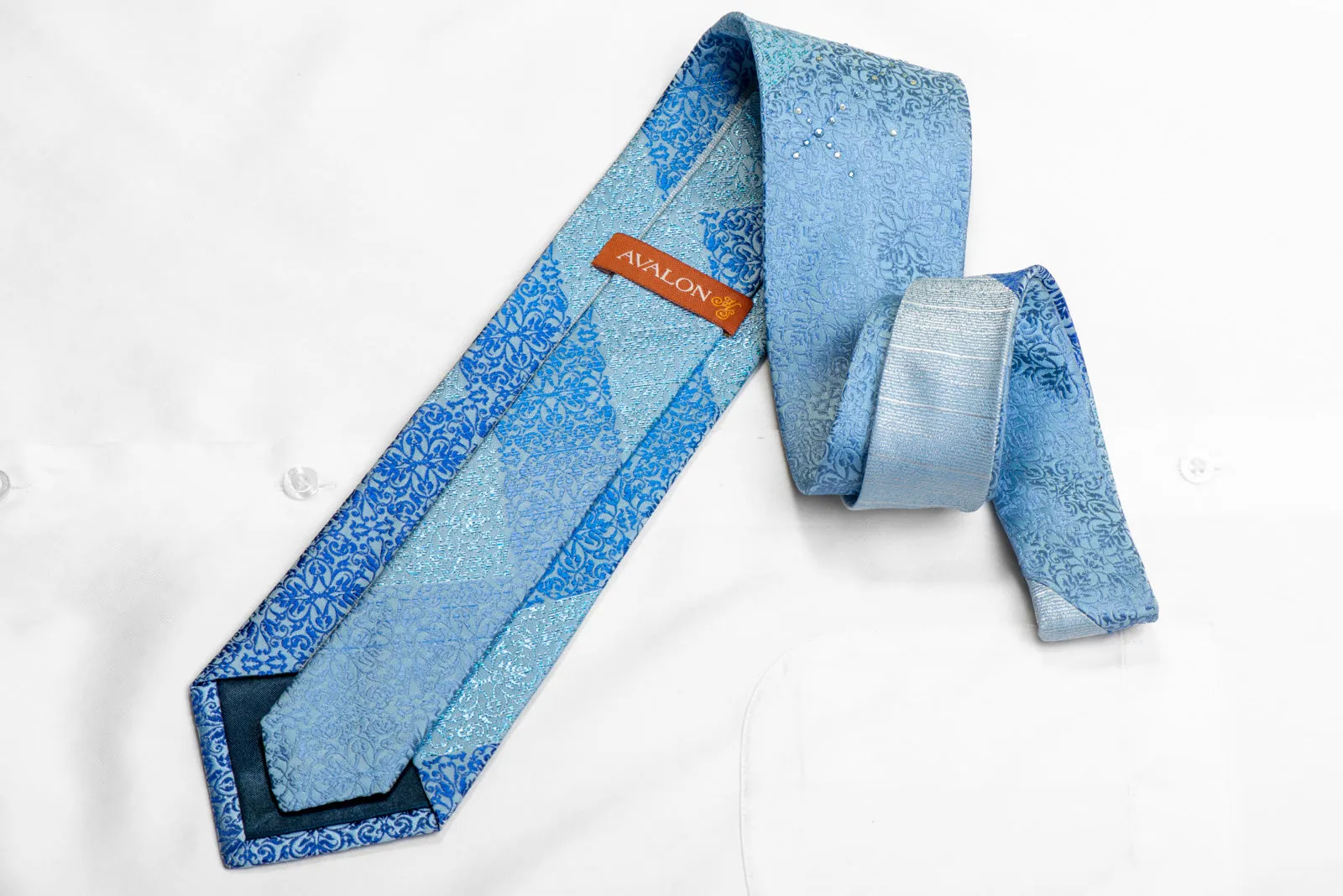 Cartouche On Pale Blue Rhinestone Silk Necktie With Blue Sparkles