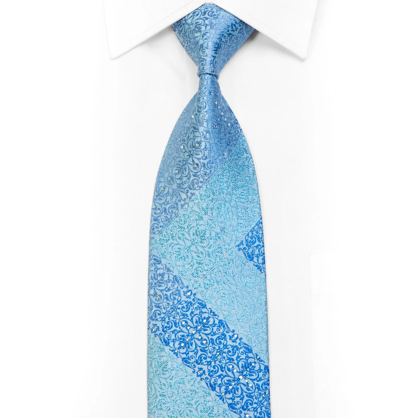 Cartouche On Pale Blue Rhinestone Silk Necktie With Blue Sparkles