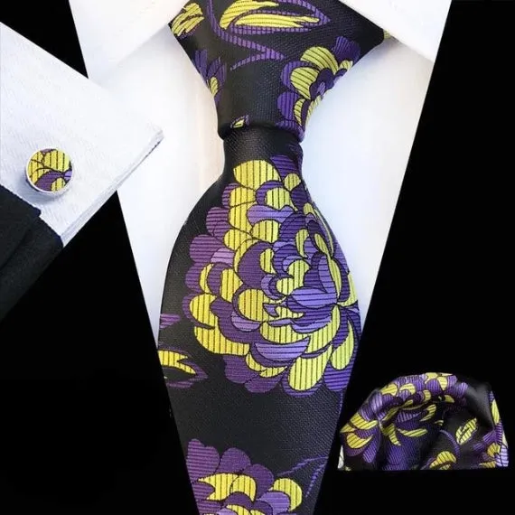 Classy Men Purple Yellow Floral Silk Tie