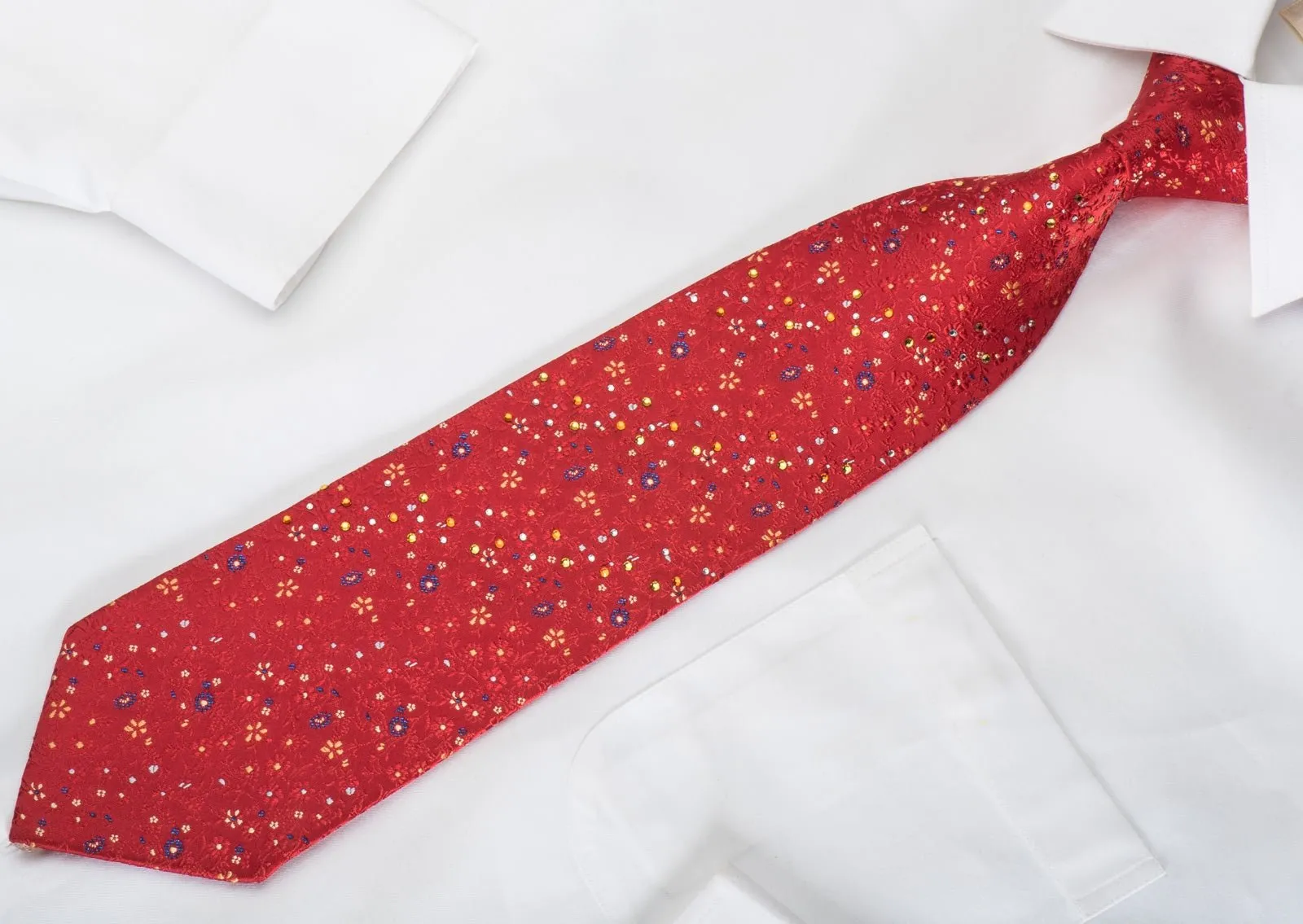 Countess Mara Silk Necktie Floral On Red Sparkling With Rhinestones