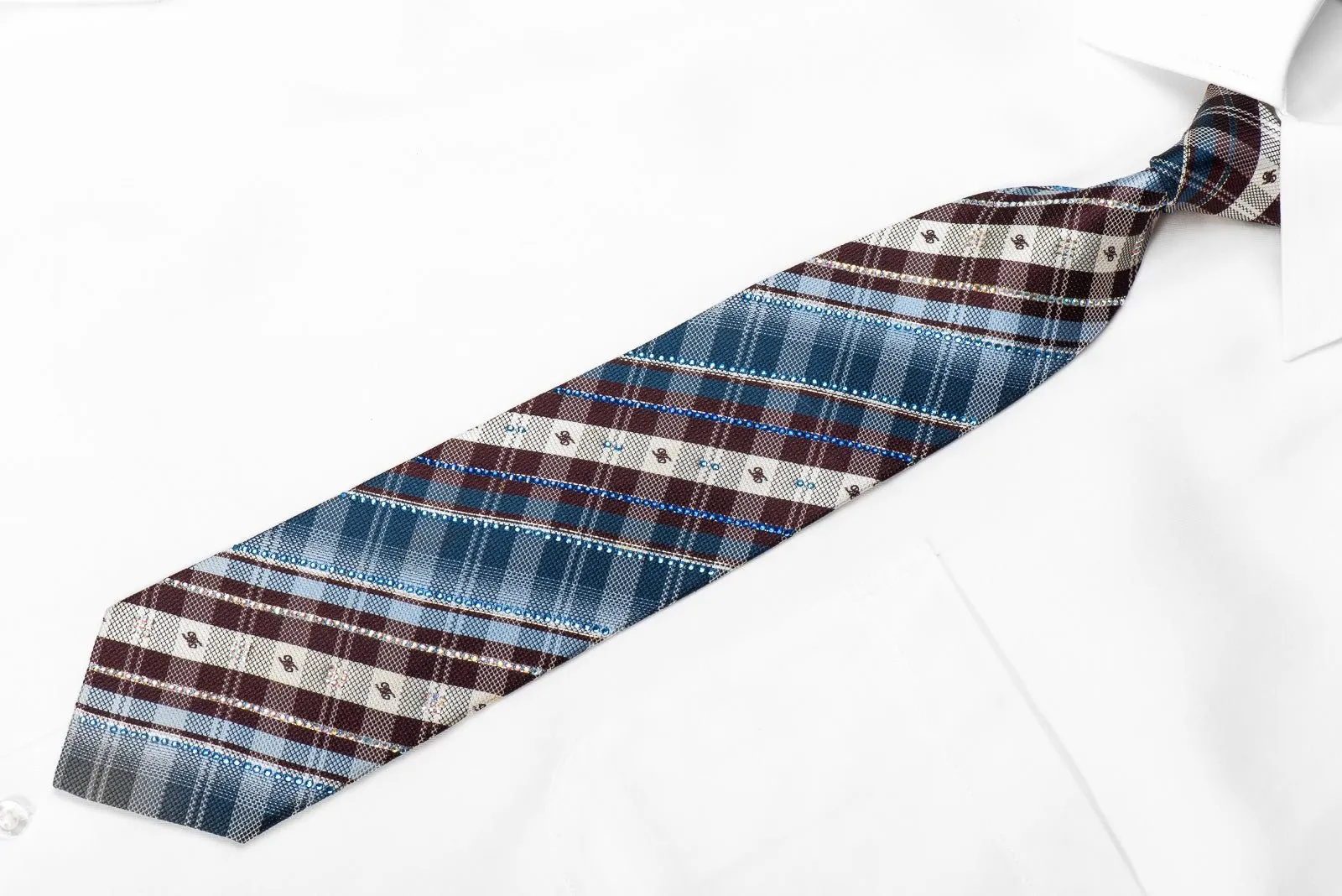 Daks Mens Crystal Rhinestone Silk Necktie Blue Brown White Plaid Design With Silver Sparkles