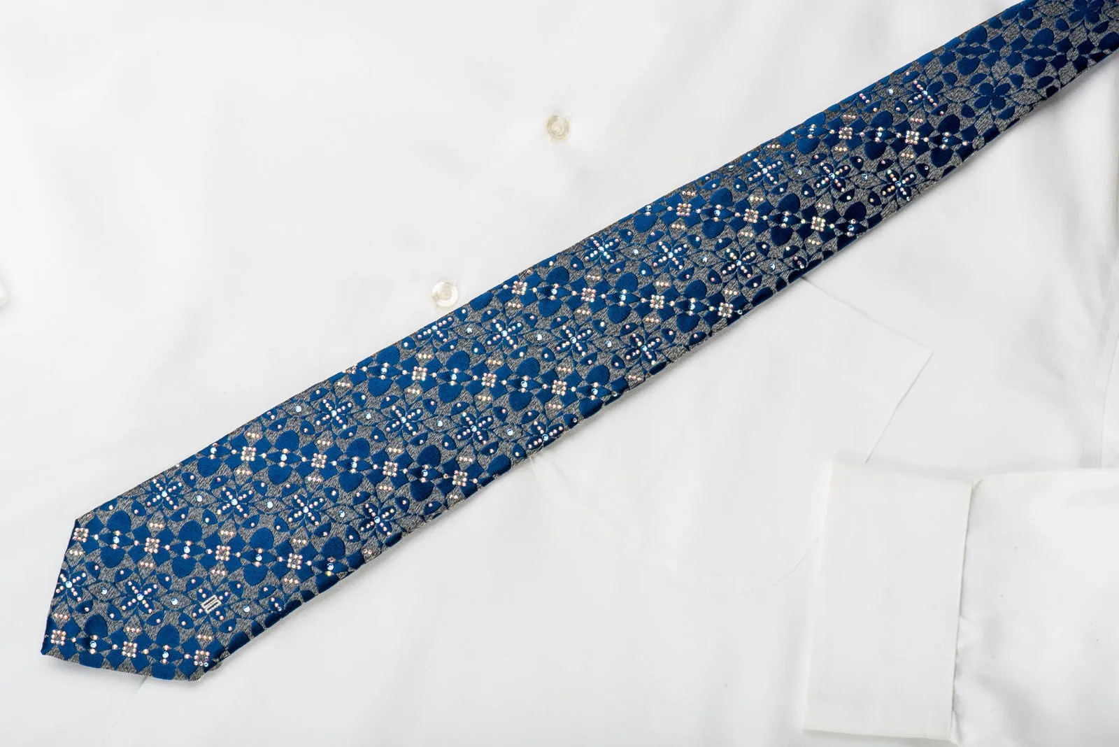 Daks Mens Rhinestone Necktie Blue geometric Floral On Gray Silk