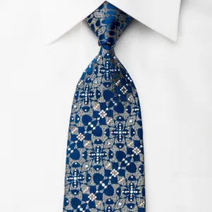 Daks Mens Rhinestone Necktie Blue geometric Floral On Gray Silk