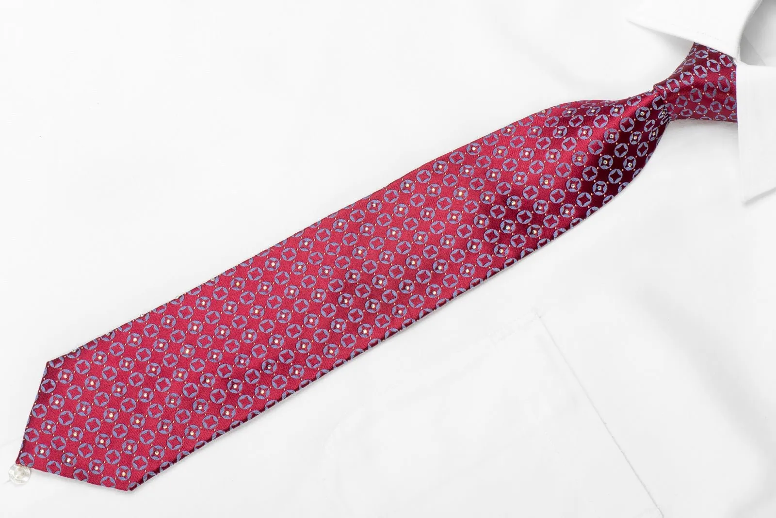 Daniel Hechter Men's Crystal Silk Necktie Blue Geometric On Burgundy