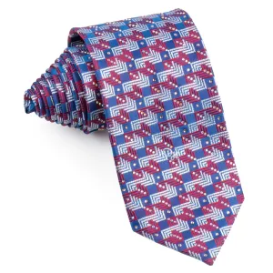 Daniel Hechter Men's Silk Rhinestone Necktie Silver & Red Lattice On Blue With Silver Sparkles