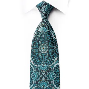 Daniel Hechter Men's Silk Tie Teal Damask On Black Sparkling With Rhinestones