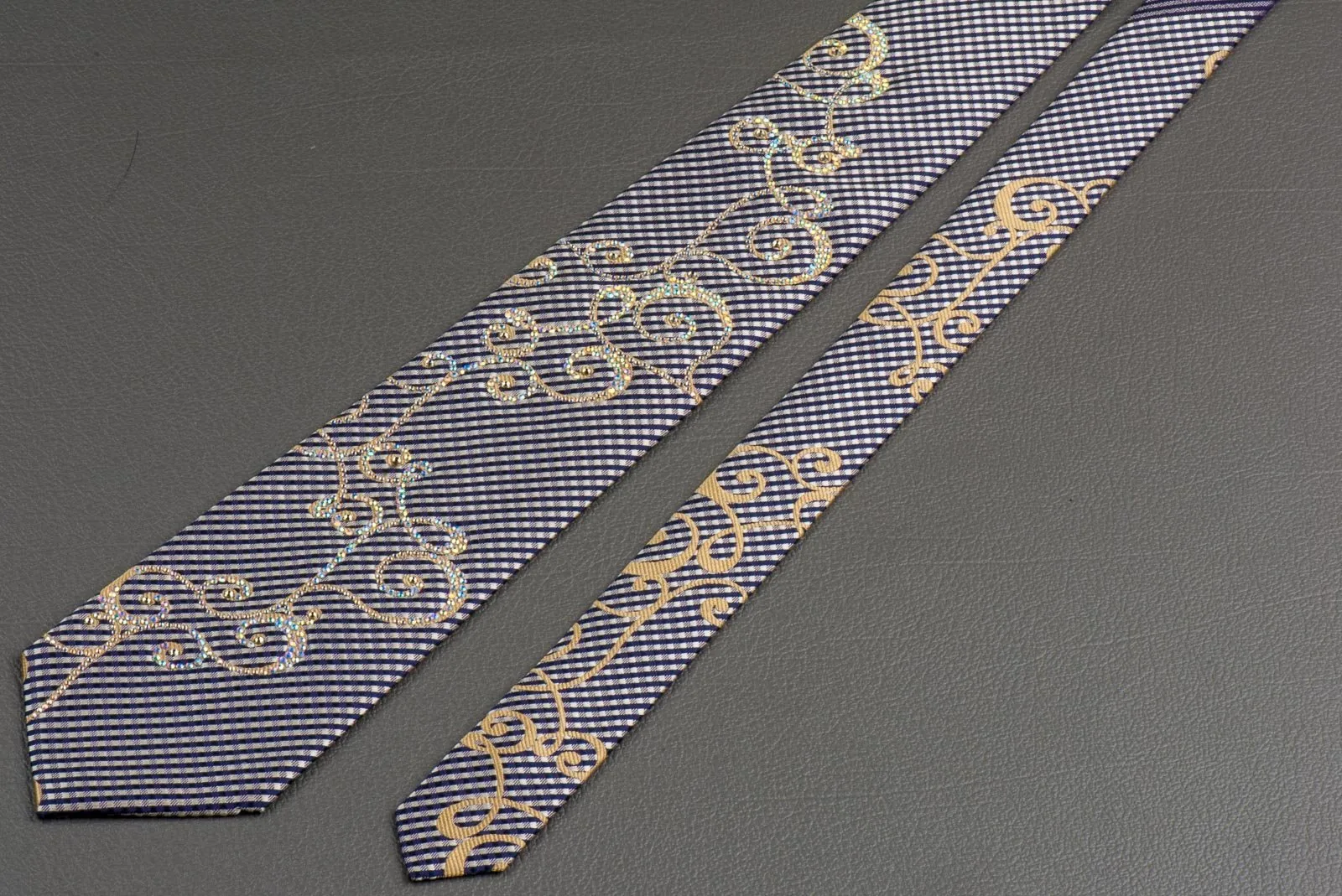 Daniel Hechter Rhinestone Silk Neck Tie Golden Scrolls With Beige Black Stripes