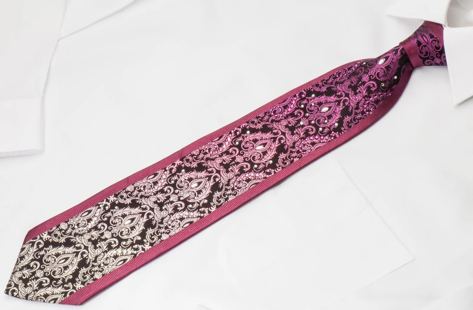 Daniel Hechter Rhinestone Silk Neck Tie Silver Damask On Black With White & Pink Crystal Rhinestones