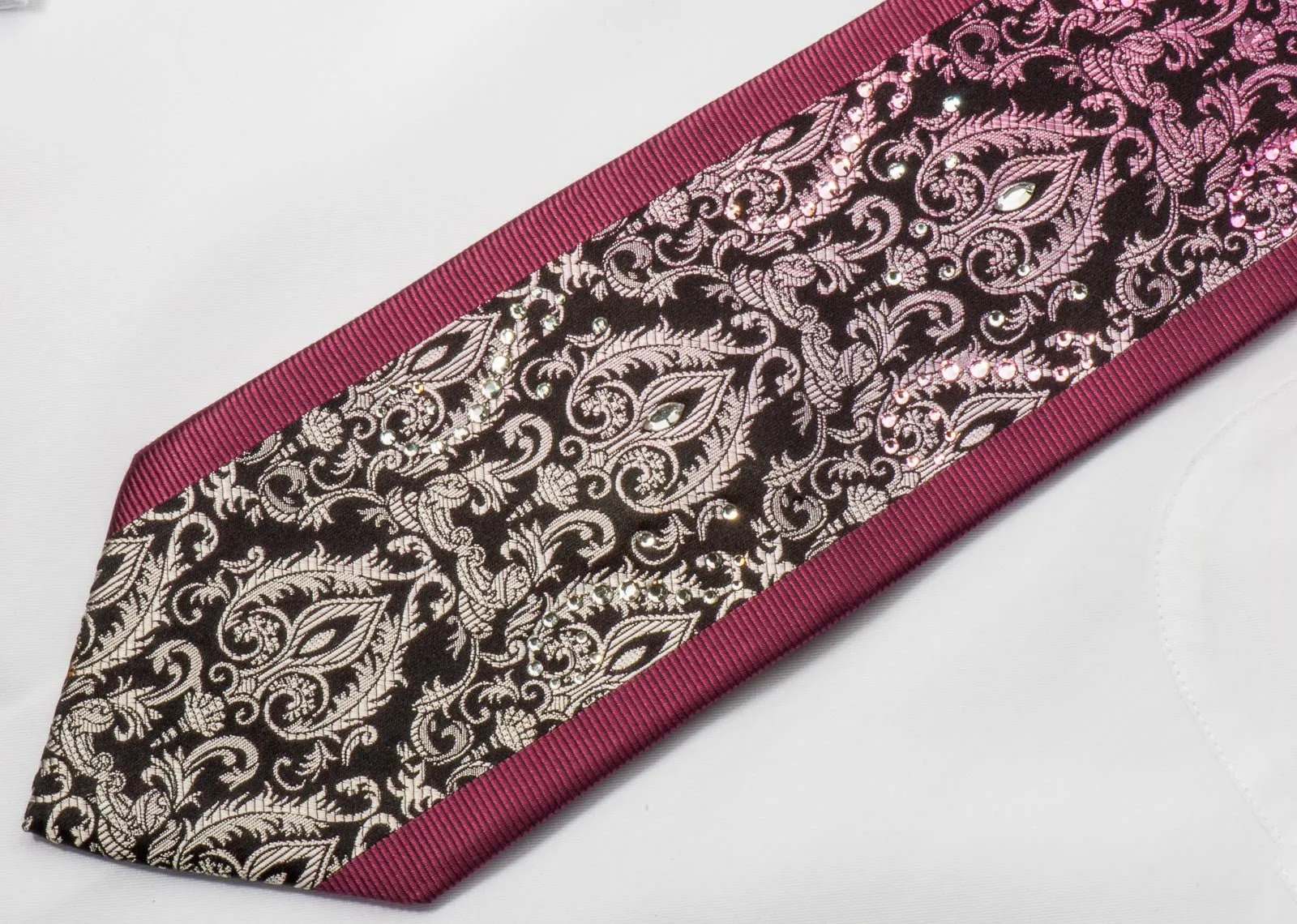 Daniel Hechter Rhinestone Silk Neck Tie Silver Damask On Black With White & Pink Crystal Rhinestones