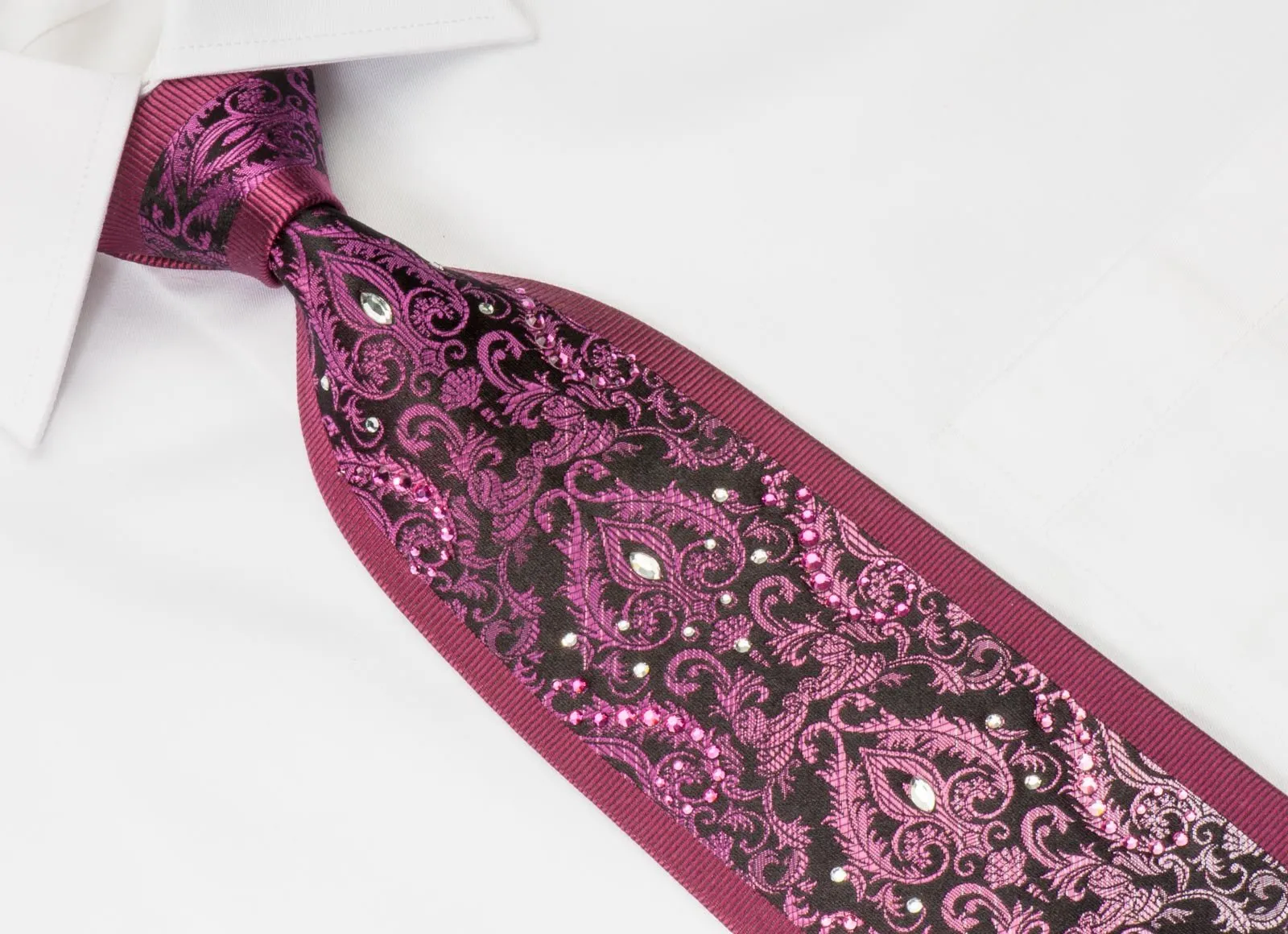 Daniel Hechter Rhinestone Silk Neck Tie Silver Damask On Black With White & Pink Crystal Rhinestones