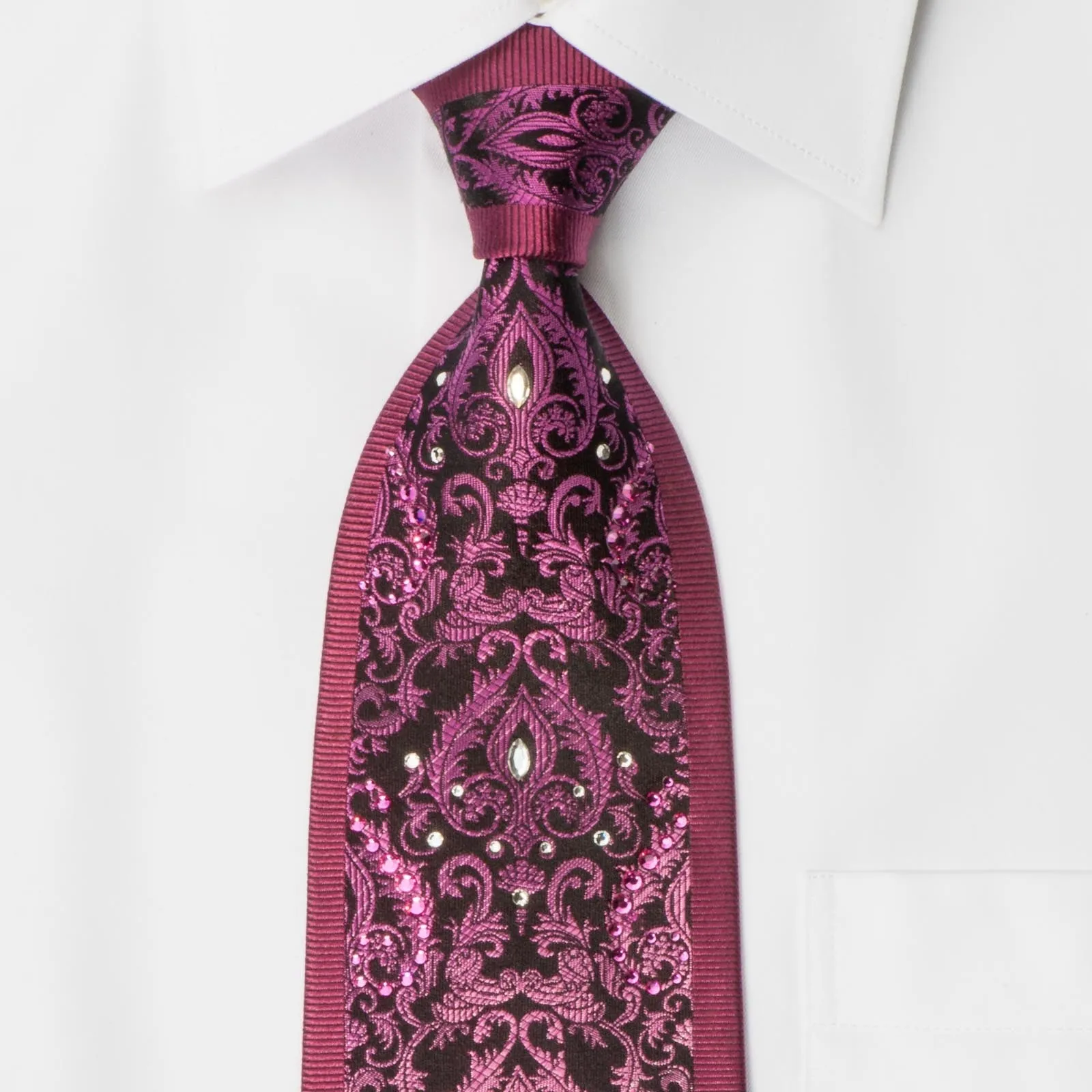 Daniel Hechter Rhinestone Silk Neck Tie Silver Damask On Black With White & Pink Crystal Rhinestones