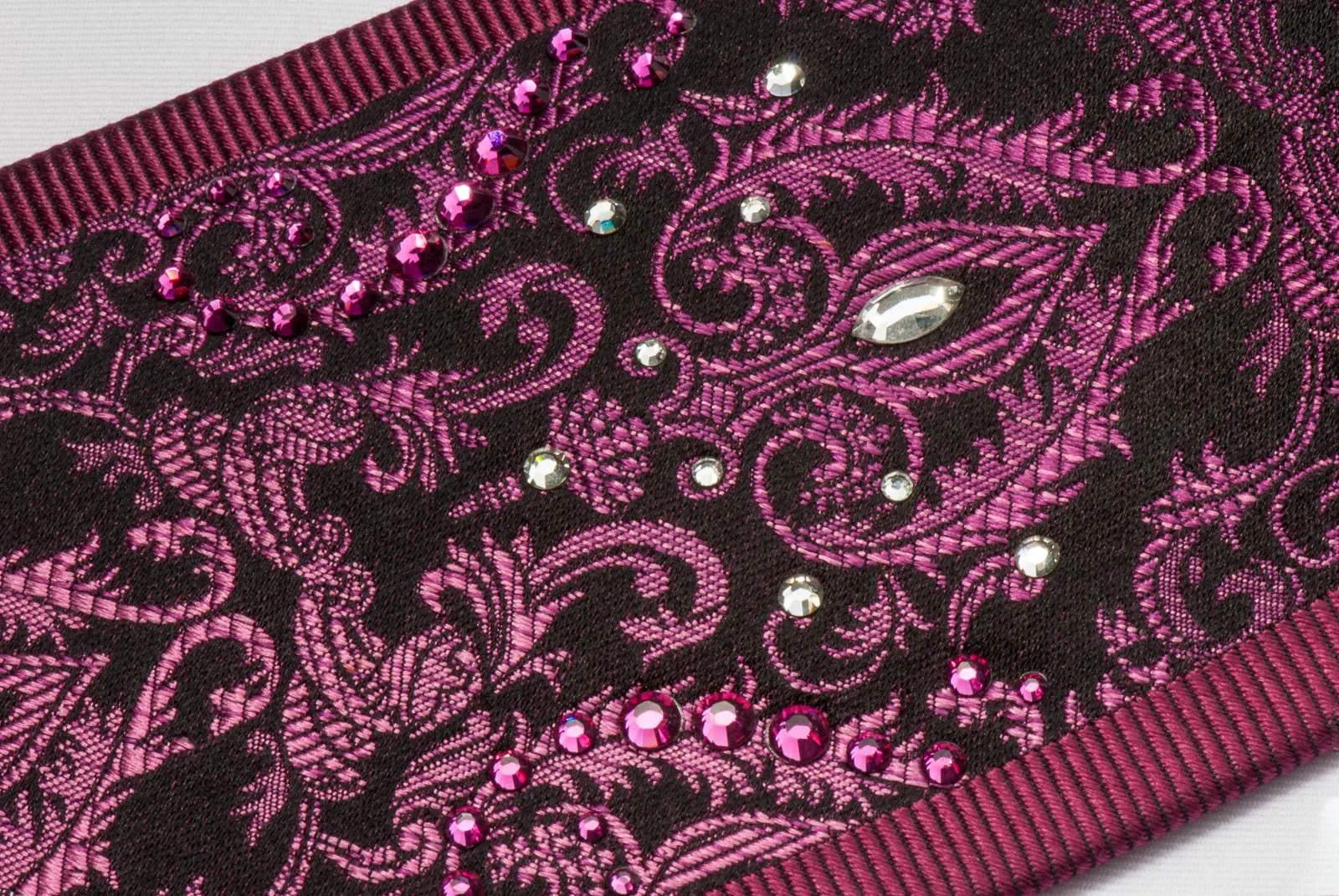 Daniel Hechter Rhinestone Silk Neck Tie Silver Damask On Black With White & Pink Crystal Rhinestones