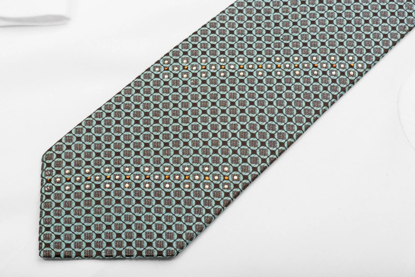 Daniel Hechter Rhinestone Silk Necktie Turquoise Geometric On Brown With Sparkles