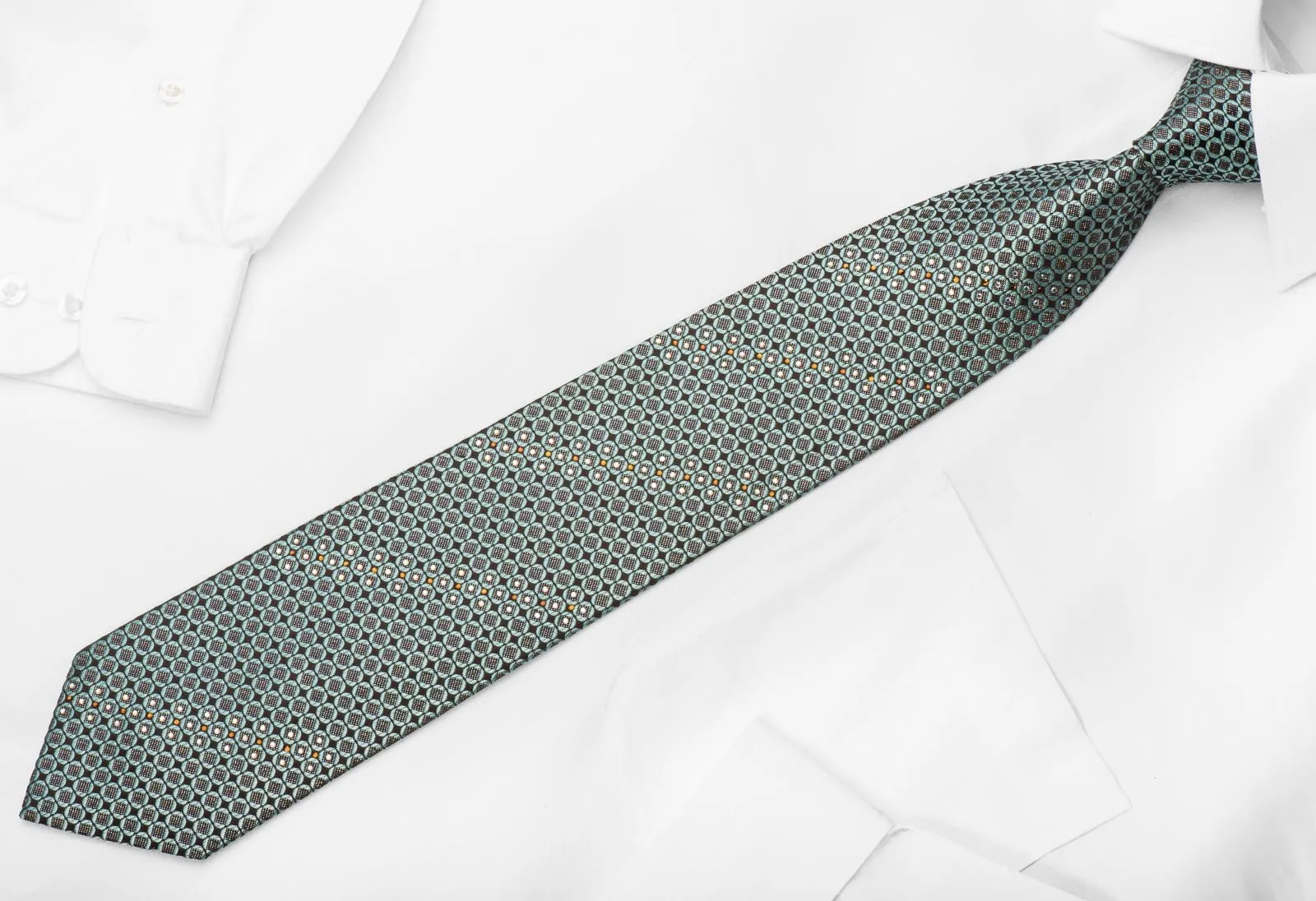 Daniel Hechter Rhinestone Silk Necktie Turquoise Geometric On Brown With Sparkles