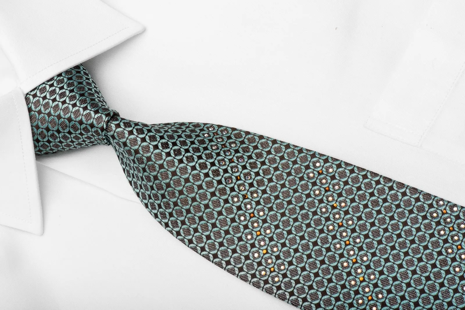 Daniel Hechter Rhinestone Silk Necktie Turquoise Geometric On Brown With Sparkles