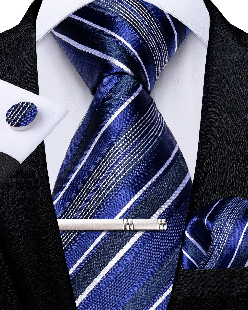 DiBanGu Silk Tie Blue White Stripe Men's Tie Handkerchief Cufflinks Clip Set