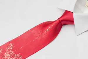 Elegance Silk Necktie Damask On Red With Rhinestones