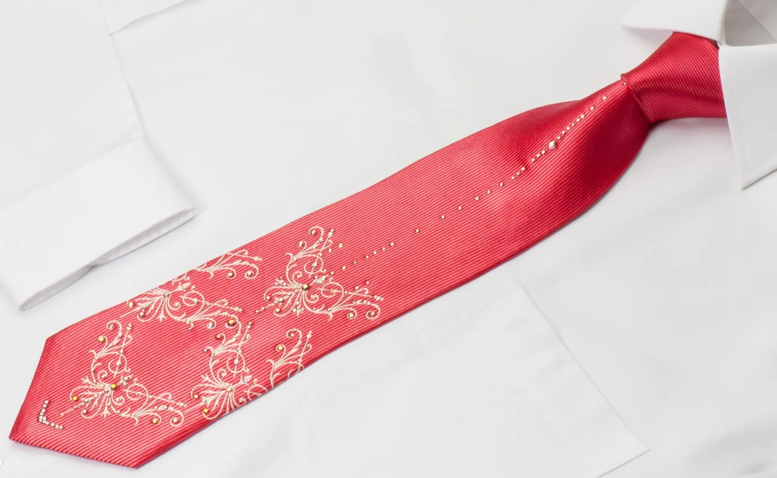 Elegance Silk Necktie Damask On Red With Rhinestones