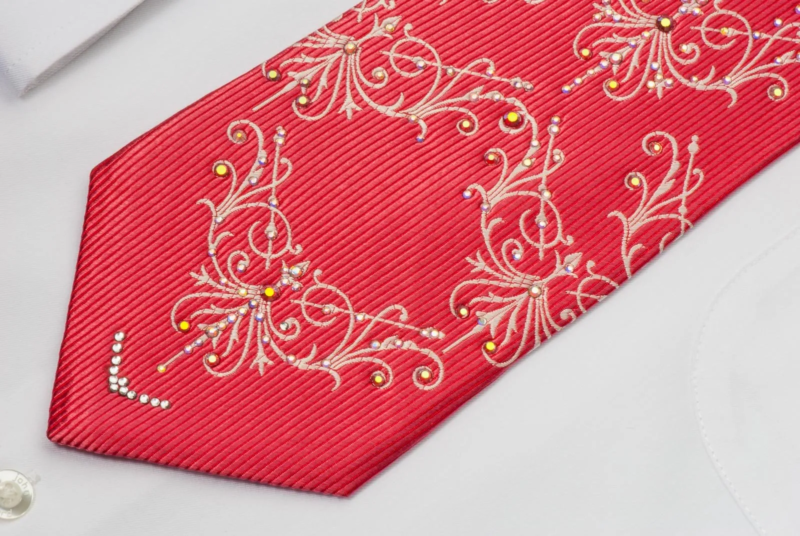 Elegance Silk Necktie Damask On Red With Rhinestones