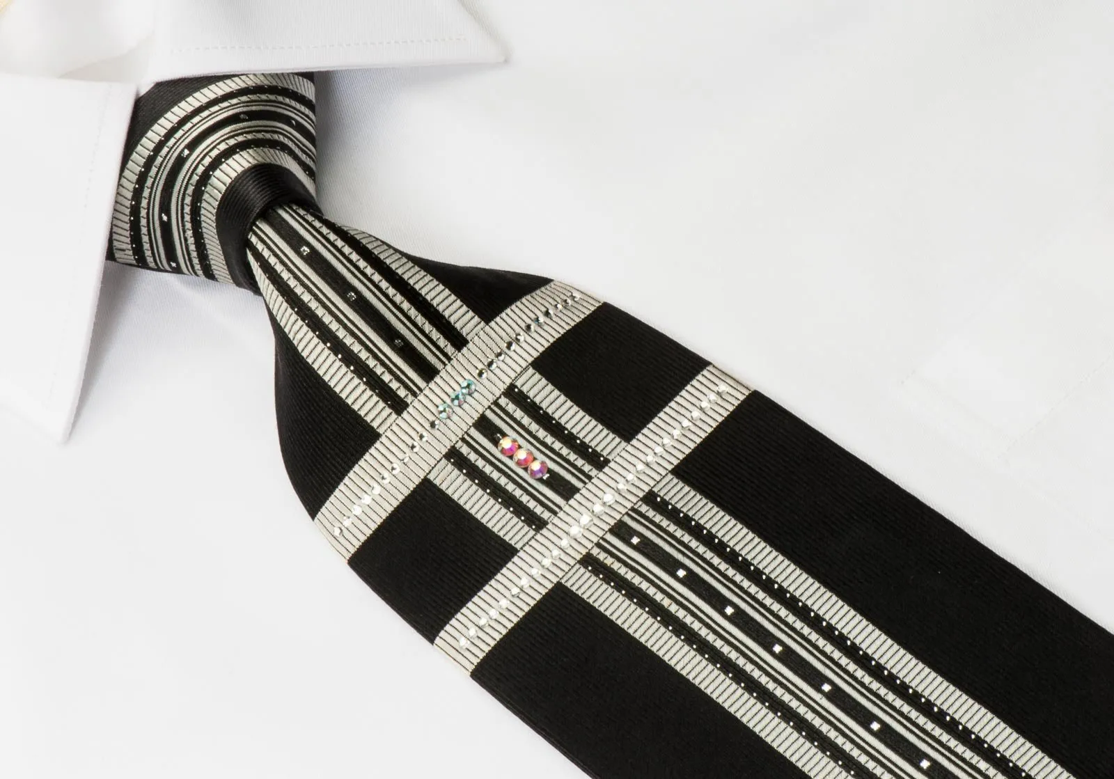 Elegance Silk Necktie Silver Stripes On Black With White Crystal Rhinestones & Silver Sparkles