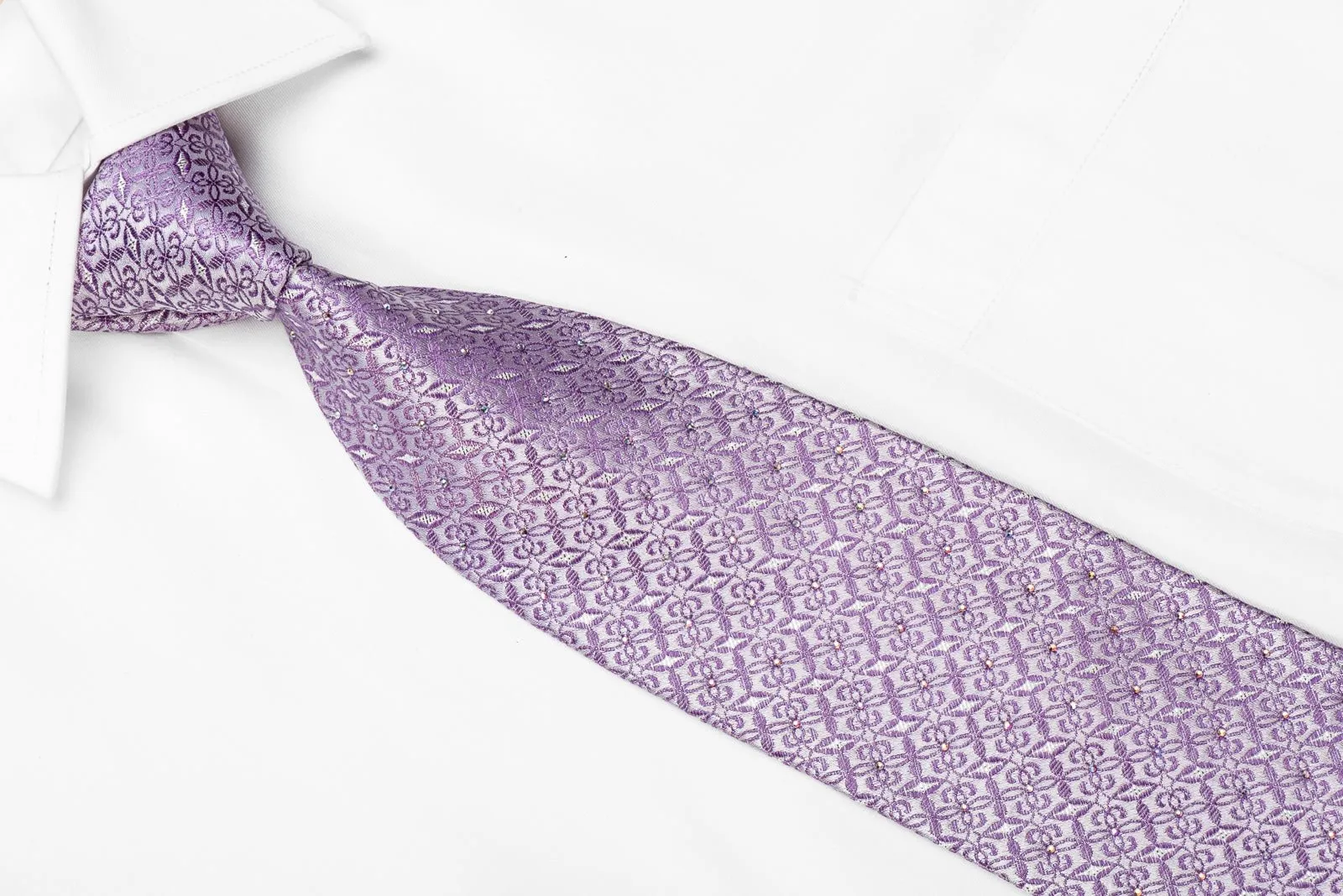 Elle Homme Men's Crystal Silk Necktie Cartouche On Mauve With Silver Sparkles