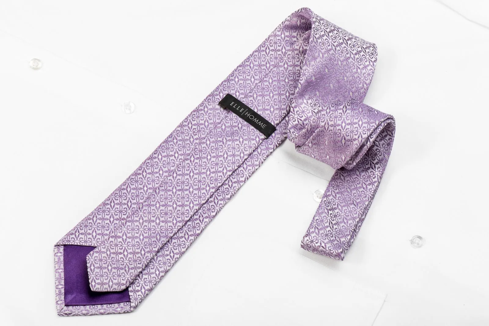 Elle Homme Men's Crystal Silk Necktie Cartouche On Mauve With Silver Sparkles